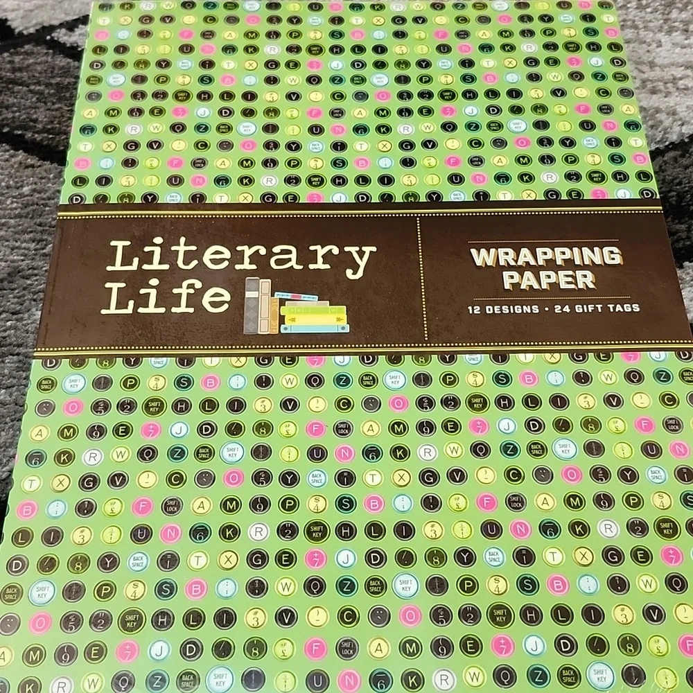 LITERARY LIFE WRAPPING PAPER BOOK-STYLE 12 DESIGNS + 24 GIFT TAGS 2015 NWT